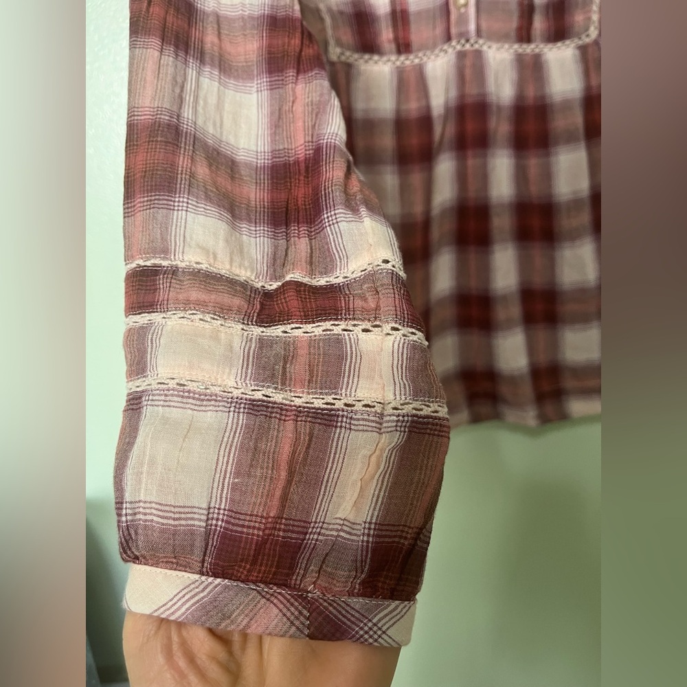 Lucky Brand 100% Cotton Mauve Plaid Henley Peasant Blouse Size Large - Picture 6 of 9